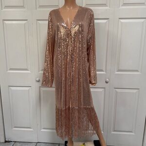 L&B Rose Gold Sequin Fringe Duster Cardigan Women’s Size 2X Read